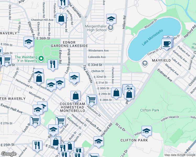map of restaurants, bars, coffee shops, grocery stores, and more near 1611 East 32nd Street in Baltimore