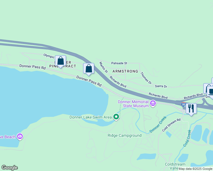 map of restaurants, bars, coffee shops, grocery stores, and more near 13002 Donner Pass Road in Truckee