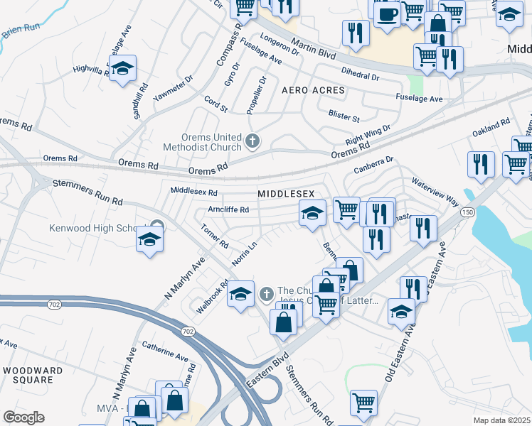 map of restaurants, bars, coffee shops, grocery stores, and more near 909 Arncliffe Road in Essex