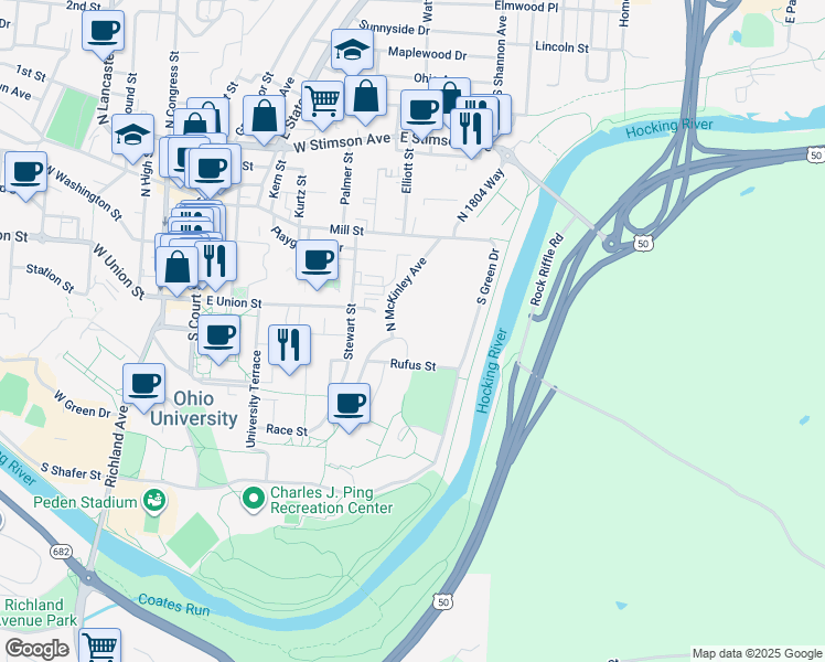 map of restaurants, bars, coffee shops, grocery stores, and more near 36 North McKinley Avenue in Athens