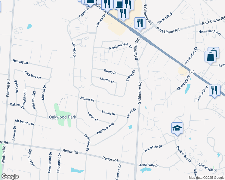 map of restaurants, bars, coffee shops, grocery stores, and more near 223 Martha Lane in Fairfield