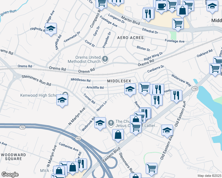 map of restaurants, bars, coffee shops, grocery stores, and more near 909 Arncliffe Road in Essex