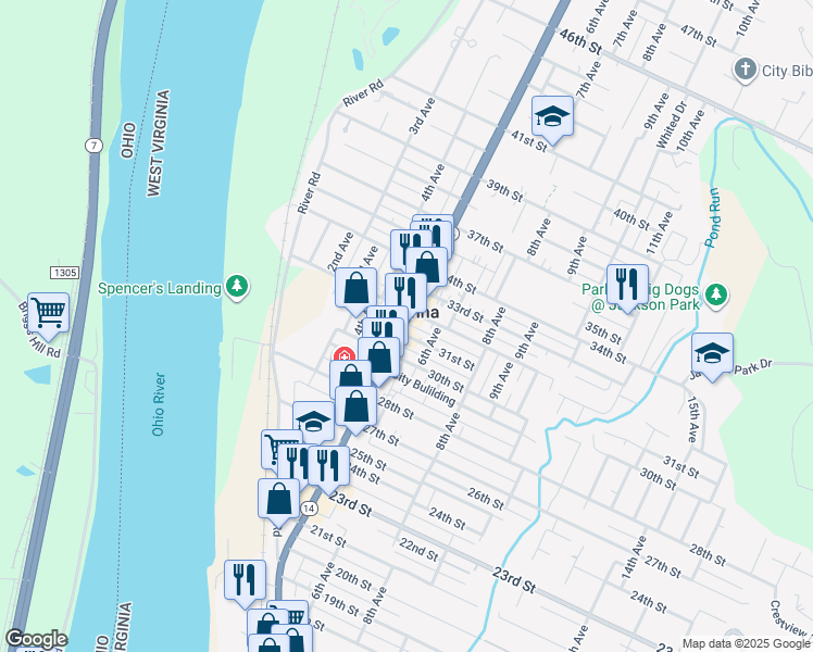map of restaurants, bars, coffee shops, grocery stores, and more near 3104 Grand Central Avenue in Vienna