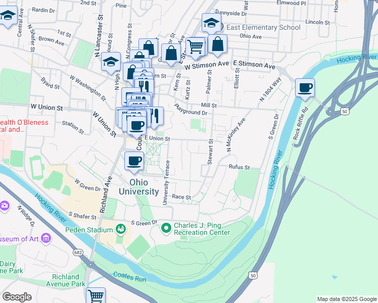 map of restaurants, bars, coffee shops, grocery stores, and more near 46 East Green Drive in Athens