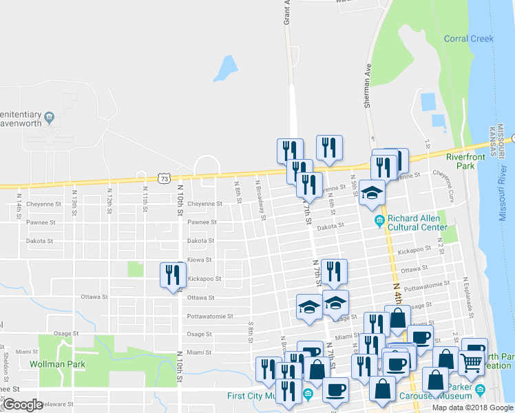 map of restaurants, bars, coffee shops, grocery stores, and more near 1009 North Broadway Street in Leavenworth