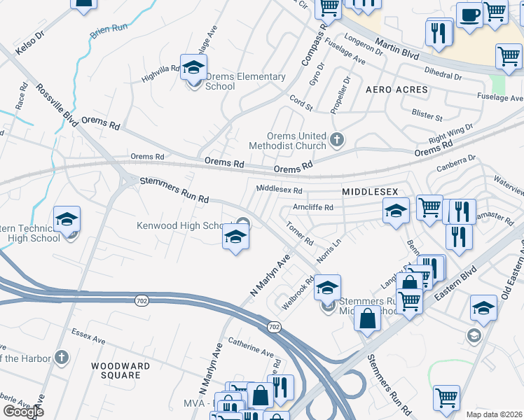 map of restaurants, bars, coffee shops, grocery stores, and more near 622 Dunwich Way in Essex