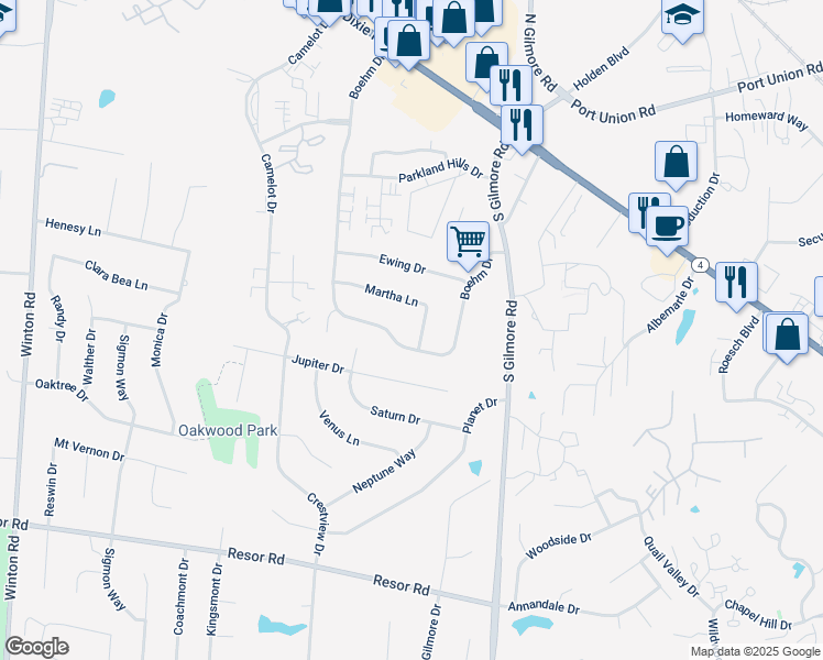 map of restaurants, bars, coffee shops, grocery stores, and more near 223 Martha Lane in Fairfield