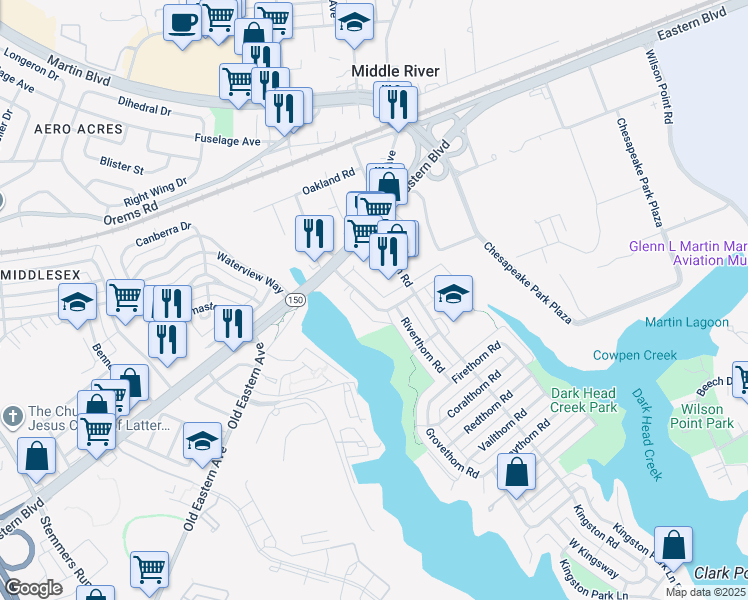 map of restaurants, bars, coffee shops, grocery stores, and more near 53 South Hawthorne Road in Middle River