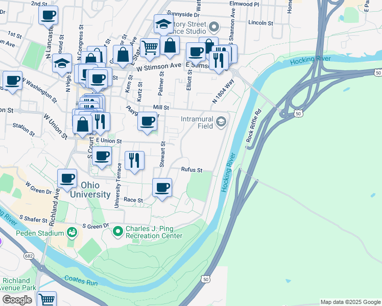 map of restaurants, bars, coffee shops, grocery stores, and more near 36 North McKinley Avenue in Athens