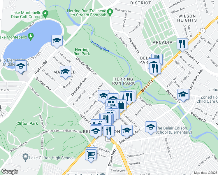 map of restaurants, bars, coffee shops, grocery stores, and more near 2735 Chesterfield Avenue in Baltimore