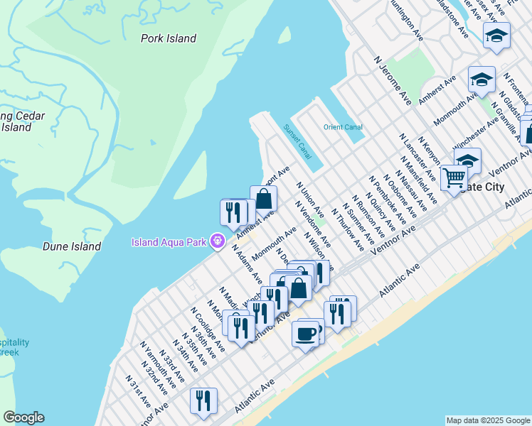 map of restaurants, bars, coffee shops, grocery stores, and more near 9105 Amherst Avenue in Margate City