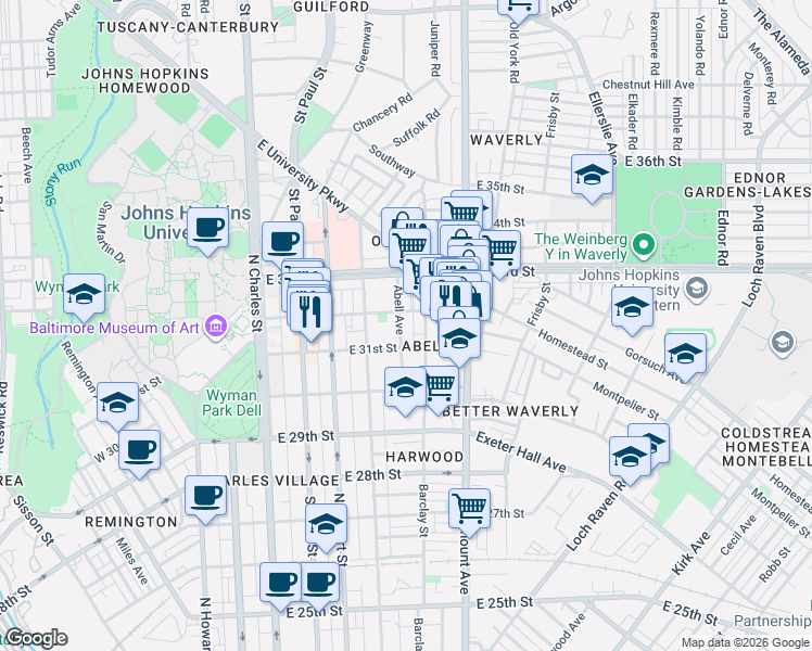 map of restaurants, bars, coffee shops, grocery stores, and more near 3129 Abell Avenue in Baltimore