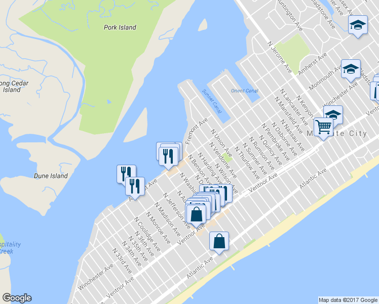 map of restaurants, bars, coffee shops, grocery stores, and more near 9105 Amherst Avenue in Margate City