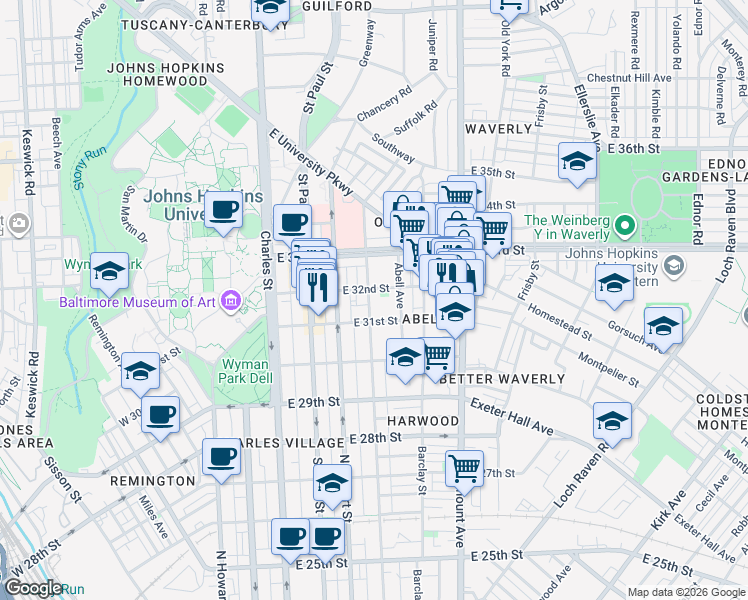 map of restaurants, bars, coffee shops, grocery stores, and more near 3125 Guilford Avenue in Baltimore