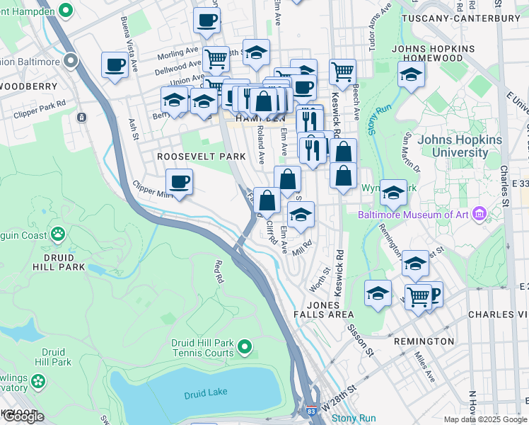 map of restaurants, bars, coffee shops, grocery stores, and more near 3100 Fallscliff Road in Baltimore