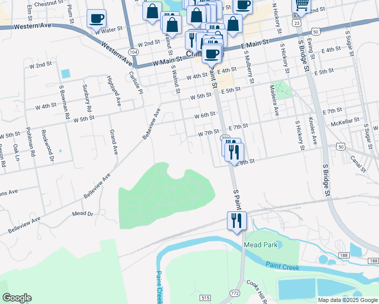 map of restaurants, bars, coffee shops, grocery stores, and more near 240 South Walnut Street in Chillicothe