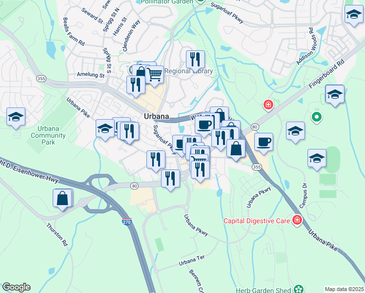 map of restaurants, bars, coffee shops, grocery stores, and more near 9119 Landon House Lane in Frederick