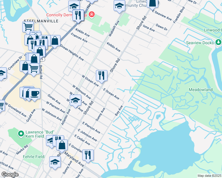 map of restaurants, bars, coffee shops, grocery stores, and more near 6 Shore Road in Linwood