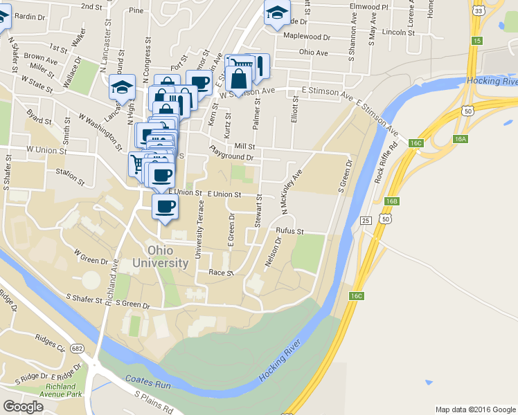 map of restaurants, bars, coffee shops, grocery stores, and more near Stewart Street in Athens