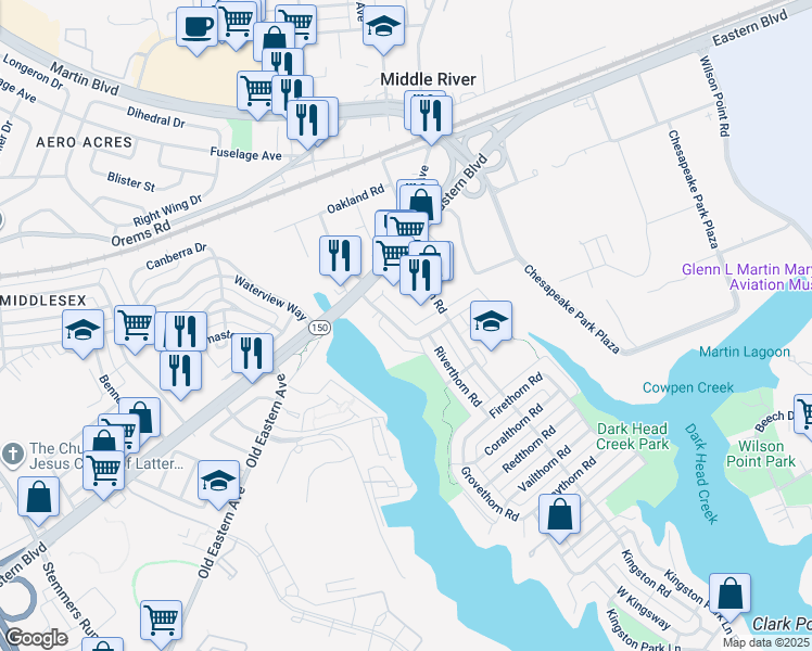 map of restaurants, bars, coffee shops, grocery stores, and more near 53 South Hawthorne Road in Middle River