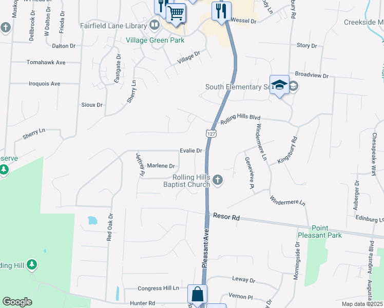 map of restaurants, bars, coffee shops, grocery stores, and more near 1653 Evalie Drive in Fairfield