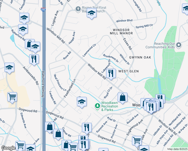 map of restaurants, bars, coffee shops, grocery stores, and more near 2025 Wells Manor Avenue in Lochearn