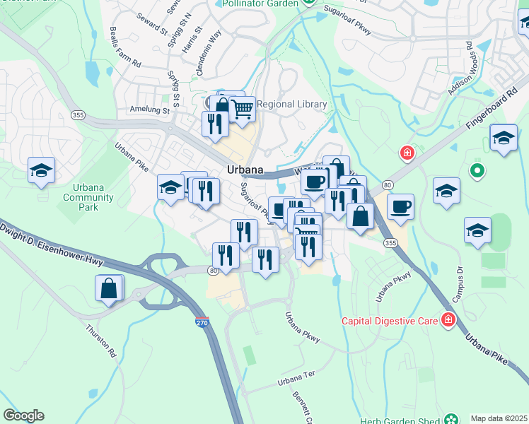 map of restaurants, bars, coffee shops, grocery stores, and more near 3447 Sugarloaf Parkway in Frederick
