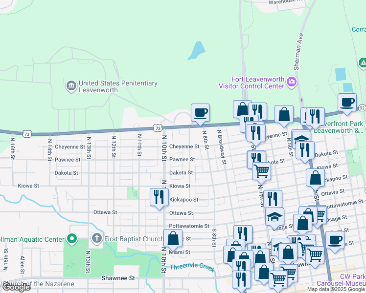 map of restaurants, bars, coffee shops, grocery stores, and more near 1100 North 9th Street in Leavenworth