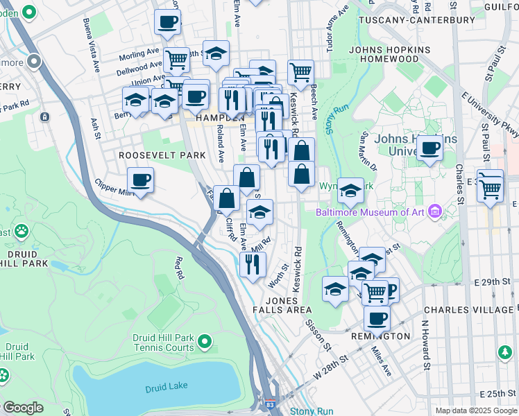 map of restaurants, bars, coffee shops, grocery stores, and more near 827 West 33rd Street in Baltimore