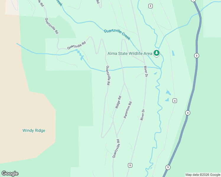 map of restaurants, bars, coffee shops, grocery stores, and more near 1319 Quartzville Road in Alma