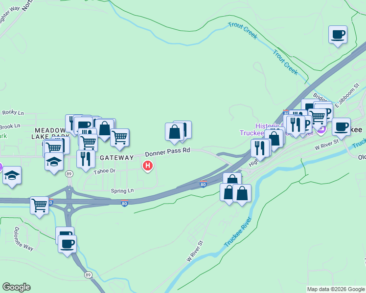 map of restaurants, bars, coffee shops, grocery stores, and more near 10770 Donner Pass Road in Truckee