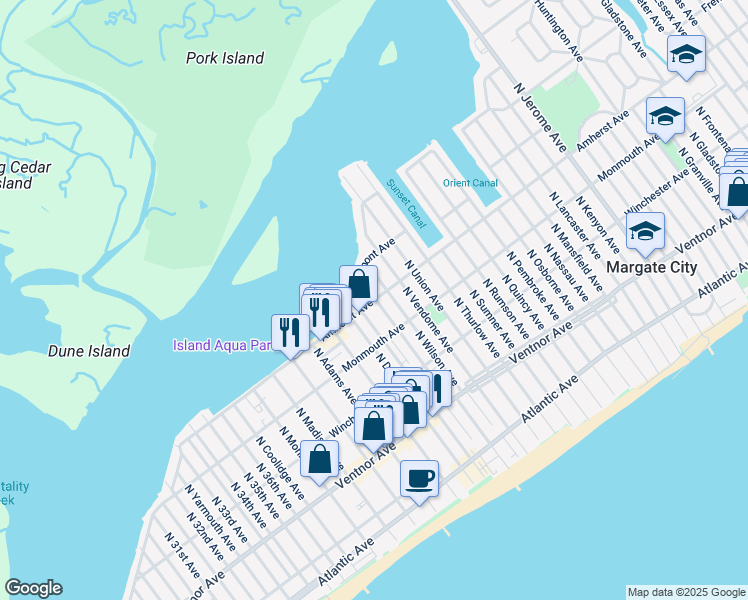 map of restaurants, bars, coffee shops, grocery stores, and more near 303 North Harding Avenue in Margate City