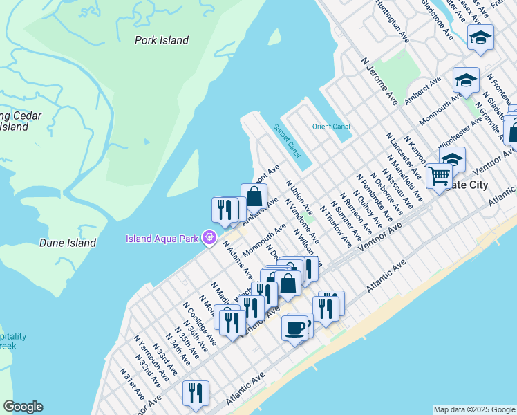 map of restaurants, bars, coffee shops, grocery stores, and more near 303 North Harding Avenue in Margate City