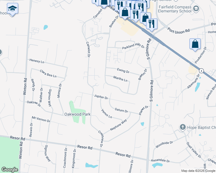 map of restaurants, bars, coffee shops, grocery stores, and more near 5450 Boehm Drive in Fairfield