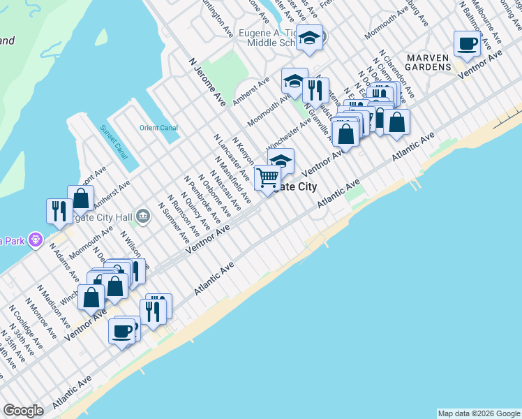 map of restaurants, bars, coffee shops, grocery stores, and more near 8512 South Ventnor Avenue in Margate City