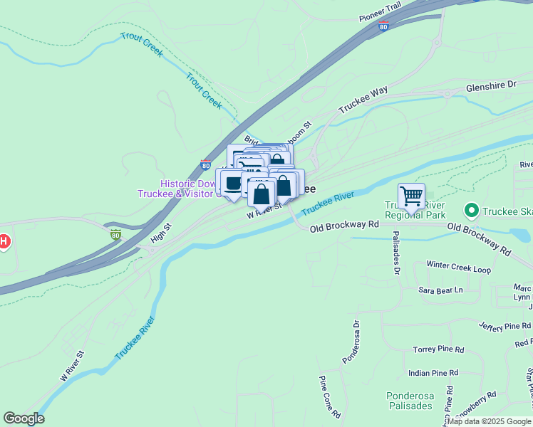 map of restaurants, bars, coffee shops, grocery stores, and more near 10039 West River Street in Truckee
