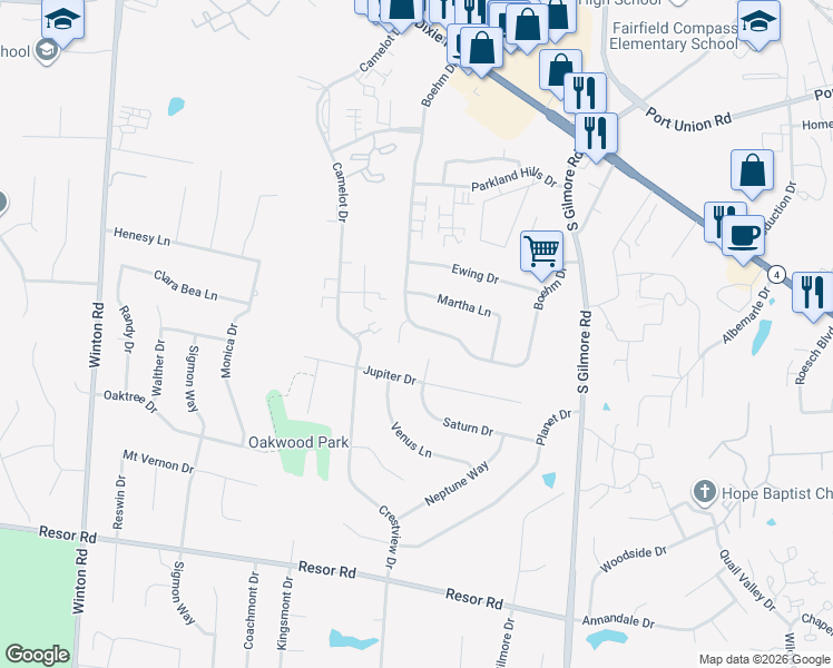 map of restaurants, bars, coffee shops, grocery stores, and more near 5450 Boehm Drive in Fairfield