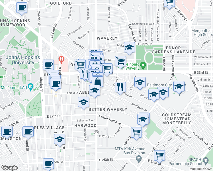 map of restaurants, bars, coffee shops, grocery stores, and more near 3101 Tinges Lane in Baltimore