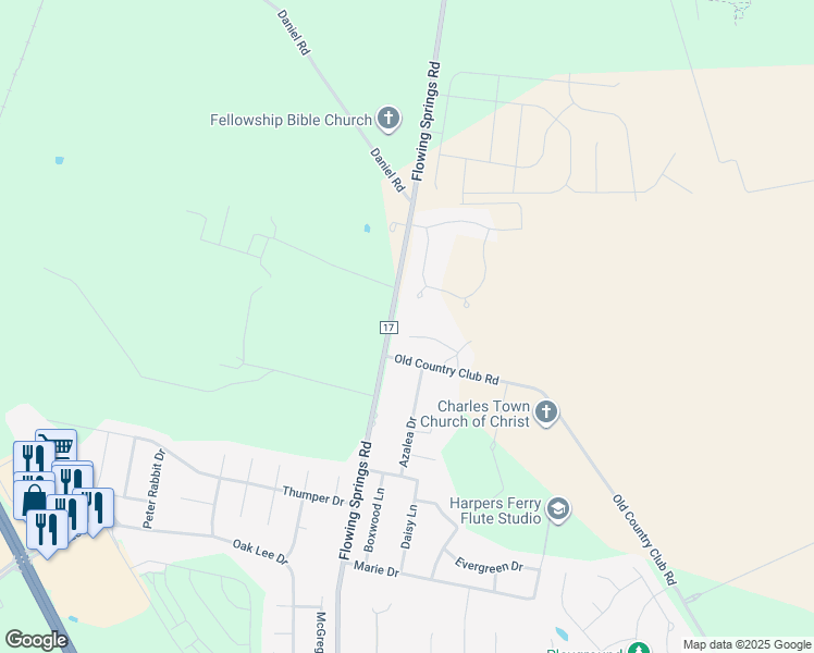 map of restaurants, bars, coffee shops, grocery stores, and more near 118 Bluebells Court in Charles Town