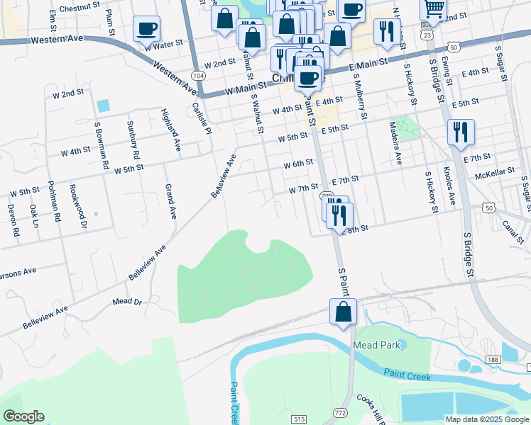 map of restaurants, bars, coffee shops, grocery stores, and more near 240 South Walnut Street in Chillicothe