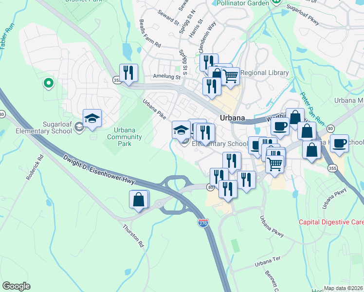 map of restaurants, bars, coffee shops, grocery stores, and more near 3554 Urbana Pike in Frederick