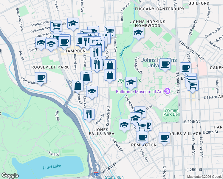 map of restaurants, bars, coffee shops, grocery stores, and more near 631 West 33rd Street in Baltimore