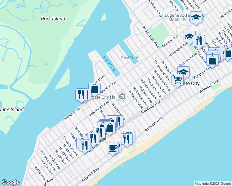 map of restaurants, bars, coffee shops, grocery stores, and more near 8907 Monmouth Avenue in Margate City