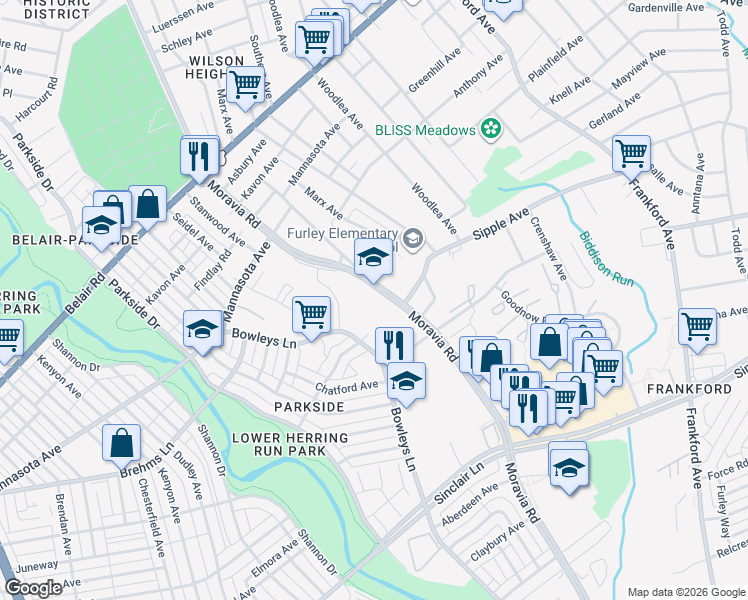 map of restaurants, bars, coffee shops, grocery stores, and more near 4613 Moravia Road in Baltimore