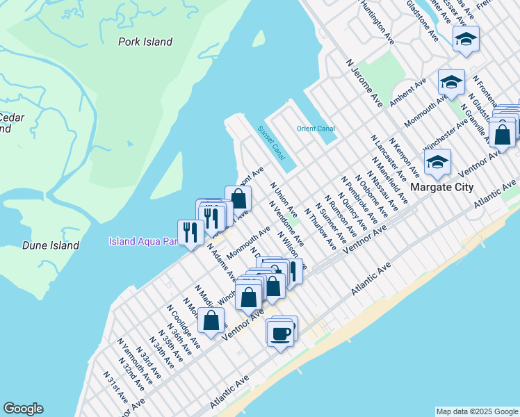 map of restaurants, bars, coffee shops, grocery stores, and more near 216 North Vendome Avenue in Margate City