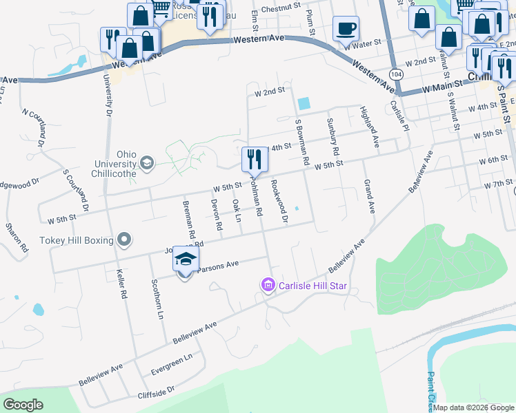 map of restaurants, bars, coffee shops, grocery stores, and more near 341 Pohlman Road in Chillicothe