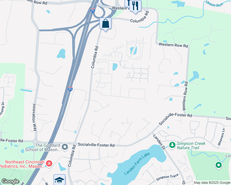 map of restaurants, bars, coffee shops, grocery stores, and more near 3102 Grand Falls Boulevard in Maineville