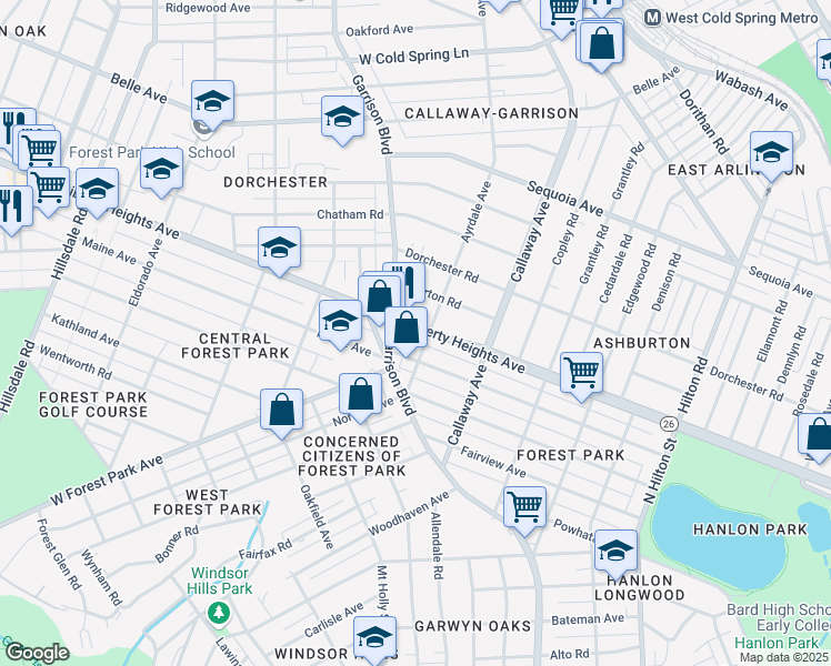 map of restaurants, bars, coffee shops, grocery stores, and more near 3801 Liberty Heights Avenue in Baltimore