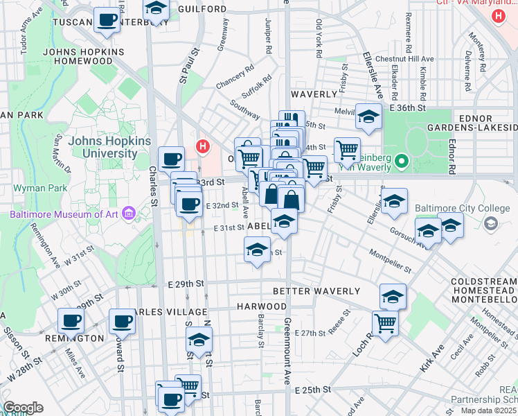 map of restaurants, bars, coffee shops, grocery stores, and more near 3116 Barclay Street in Baltimore