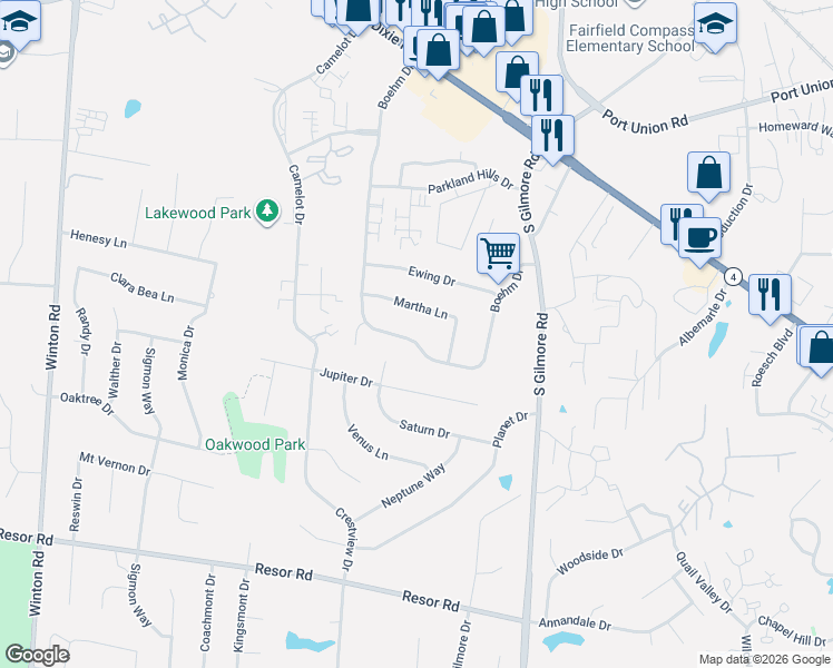 map of restaurants, bars, coffee shops, grocery stores, and more near 5494 Boehm Drive in Fairfield